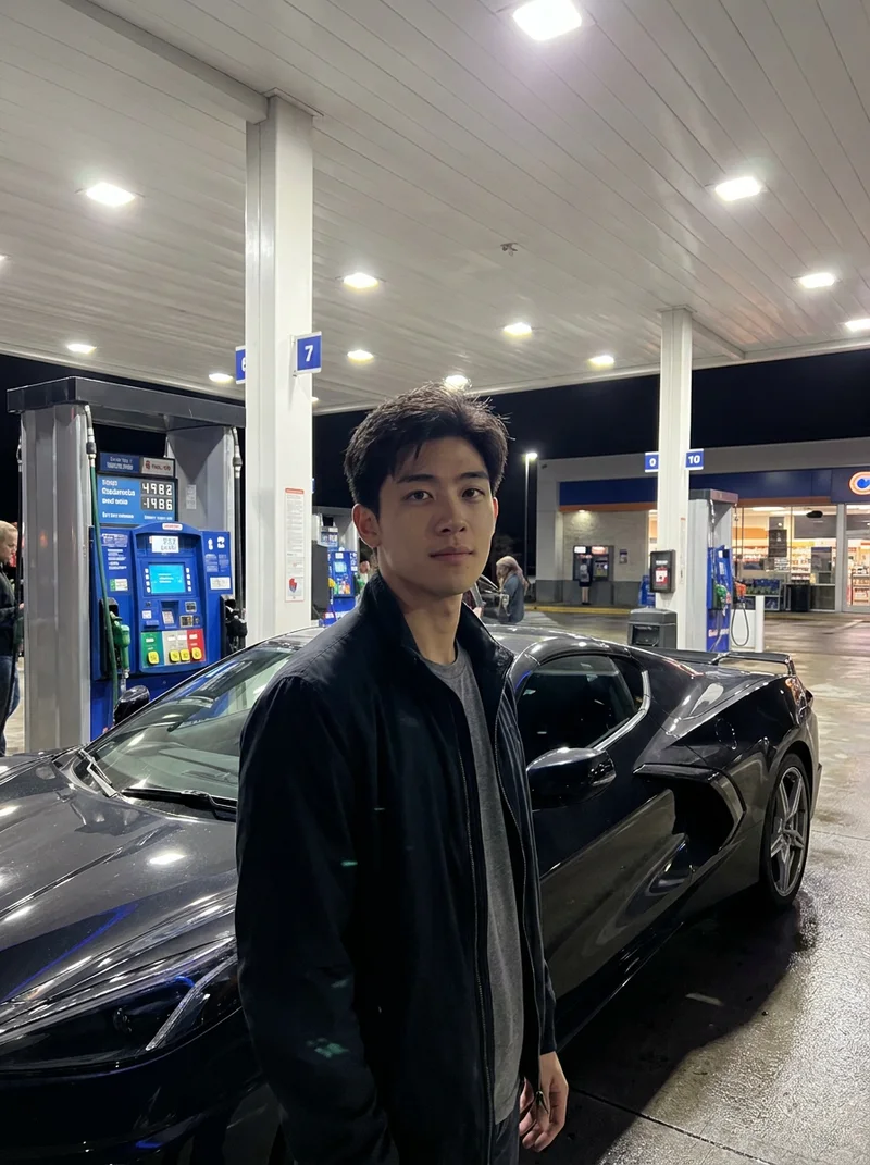 AI-generated fictional adult in Modern Coupe Fuel Stop.