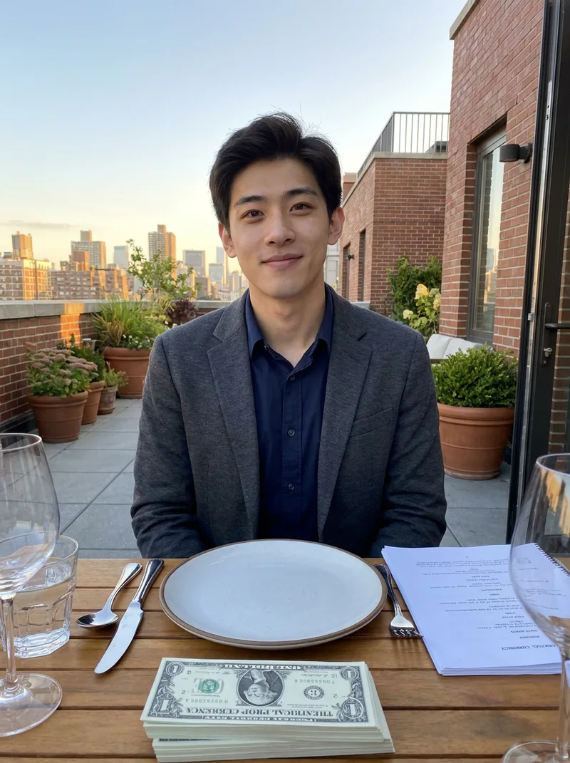 AI-generated fictional adult in Rooftop Table Story.
